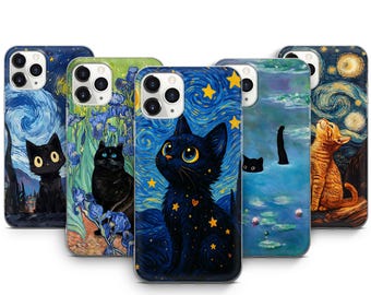 Capa de celular com tema de gato Van Gogh, pintura de Vincent Art, capa para iPhone 17 ProMax, 16Pro, 15 Plus, 14, 13 Mini, 12, 11 X, XS e Pixel, 10ProXL, 9 Pro e 8