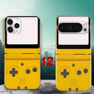 May include: Two yellow phone cases featuring a retro handheld game console design. The cases have a yellow base with a dark gray directional pad, A and B buttons, and a speaker grid. The top sections are white with cutouts for camera lenses.