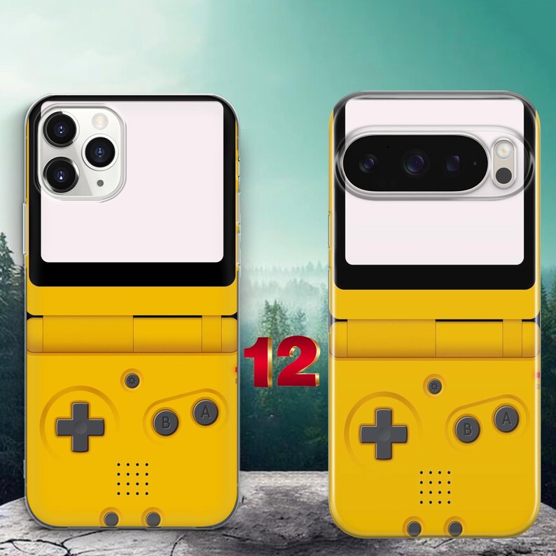 May include: Two yellow phone cases featuring a retro handheld game console design. The cases have a yellow base with a dark gray directional pad, A and B buttons, and a speaker grid. The top sections are white with cutouts for camera lenses.