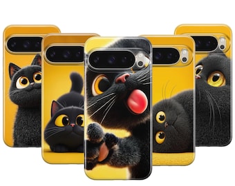 Capa para Google Pixel 10 Pro XL, 9 Pro, 8, 7 e Samsung Galaxy S25, S24, S23, S22, S21 e S20 Ultra Plus com estampa de gatinho preto fofo e estilo kawaii.