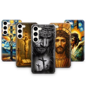 May include: A collection of phone cases featuring religious art. The designs include images of Jesus Christ on the cross, portraits of Jesus, and scenes from the Bible. The cases are in various colors and artistic styles.