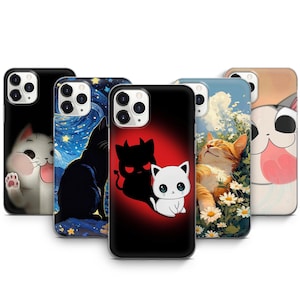 May include: Five different phone cases featuring various cat designs. The cases are all clear and display the phone's camera lens. The designs include a black cat against a starry night backdrop, a white cat on a red background, a black cat with a devil's tail, a white cat with a floral background, and a cartoon cat with a pink tongue.