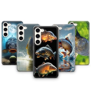May include: A set of phone cases with detailed carp fish illustrations. The cases depict carp in aquatic environments, including underwater scenes and leaping fish. The designs feature the fish in shades of brown, orange, and blue, with water effects.