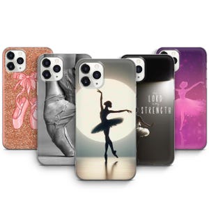 Könnte beinhalten: Eine Sammlung von Handyhüllen mit Ballettthemen. Die Hüllen zeigen Bilder von Ballettschuhen, einer Ballerina-Silhouette und inspirierendem Text. Die Hüllen sind in verschiedenen Farben erhältlich, darunter Rosa, Schwarz und Lila.