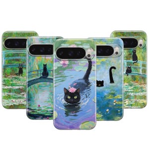 May include: A collection of phone cases featuring a whimsical design of black cats in a water lily pond, reminiscent of a famous painting. The cases showcase a bridge, water lilies, and cats with flower crowns.