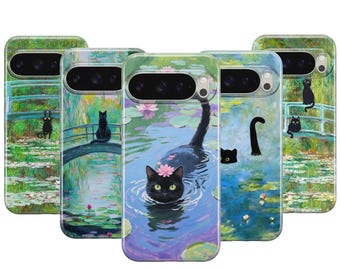 Capa de celular com estampa de gato e lírio d'água, paródia de Claude Monet, capa para Google Pixel 10 ProXL 9 Pro 8, capas para Samsung Galaxy S25 FE S24 S23 S22 S21 Ultra Plus