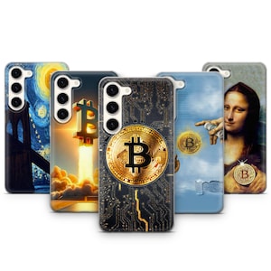 May include: Four different phone cases with a Bitcoin design. The cases are black, blue, white, and gold. The Bitcoin symbol is featured on each case.