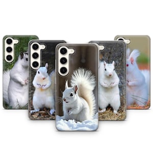 Op de afbeelding: Set van vijf telefoonhoesjes met witte eekhoorns in verschillende poses. De hoesjes zijn transparant en laten het ontwerp van de telefoon door de achterkant zien.