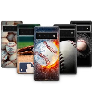May include: Five different phone cases with baseball designs. The cases feature a baseball in flames, a baseball in water, a baseball glove, a baseball with a cracked screen, and a baseball with a white background.