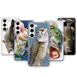May include: Five different phone cases featuring colorful images of bass fish. The cases are all clear and show the phone's camera lens through the case.