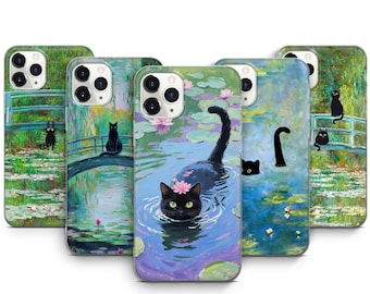 Capa de celular com paródia de gato Monet, meme de gato, lírio d'água, capa para iPhone 17 ProMax, 16Pro, 15 Plus, 14, 13 Mini, 12, 11 X, XS e Pixel, 10ProXL, 9 Pro e 8