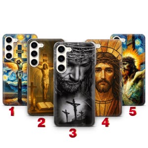 May include: Five rectangular phone cases featuring religious artwork. Case 1 shows a crucifixion scene with a starry sky. Case 2 depicts a crucifixion with a book and candles. Case 3 is a black and white portrait of Jesus with crosses. Case 4 is a geometric portrait of Jesus. Case 5 shows a crucifixion with a bright sunburst.