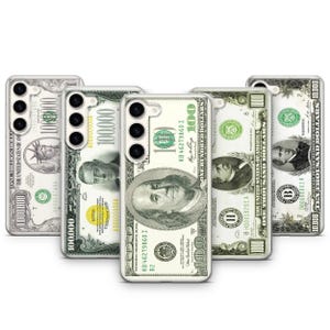 May include: Several phone cases with designs mimicking U.S. dollar bills. The cases showcase images of $100, $10,000, and $1,000,000 notes, featuring historical figures and detailed elements. The cases are transparent with a money-themed design.