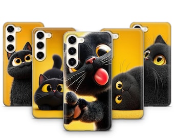 Capa para celular com estampa de gatinho preto sorridente, compatível com Samsung Galaxy S26 Ultra S25 FE S24 Plus S23 S22 S21 S20 A17 A16 A26 A37 A36 A55 A57