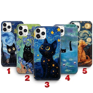 May include: Five smartphone cases featuring artistic cat illustrations. Case 1 shows a black cat under a swirling night sky. Case 2 features a black cat among blue irises. Case 3 displays a black cat with yellow stars. Case 4 shows a cat in a pond. Case 5 depicts an orange cat.