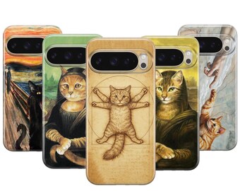 Capa de celular com paródia de gato Da Vinci Meme para Google Pixel 10 ProXL 9 Pro 8 7 Samsung Galaxy S25 S24 S23 S22 S21 S20 Ultra Plus