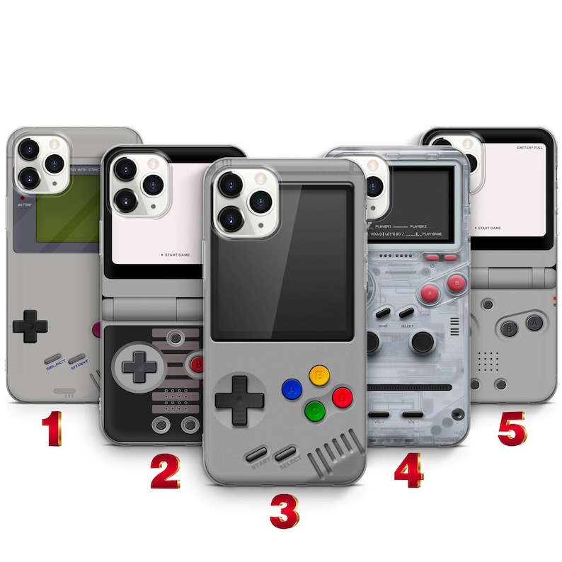 May include: Five smartphone cases featuring retro handheld gaming console designs. Each case displays a unique layout of directional pads, action buttons, and screen graphics. The designs include various color schemes like grey, black, and transparent.