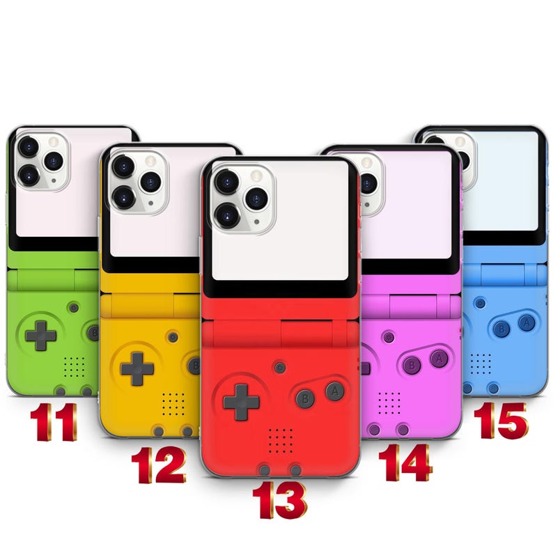 May include: Five smartphone cases in green, yellow, red, pink, and blue, each featuring a retro handheld game console design with a D-pad, A and B buttons, and a speaker grille. The cases are numbered 11 through 15 in red text below them.