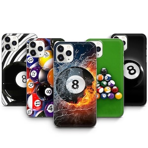 May include: Five different phone cases with a billiard theme. The cases feature a black and white striped design, a colorful pool ball design, a black and white 8 ball with flames, a green felt pool table design, and a black case with a white 8 ball.