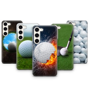 May include: Five different phone cases with golf-themed designs. The cases feature a golf ball, a golf club, and a golf course. The cases are all black and white with a touch of color.