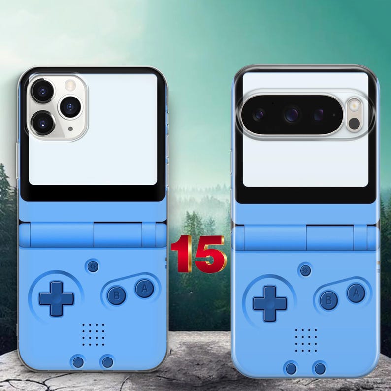 May include: Two light blue phone cases featuring a retro handheld game console design. The cases have a clear top section for the camera array and a bottom section with a directional pad, A and B buttons, and a speaker grille pattern.