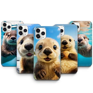 May include: A set of phone cases displaying cute otter designs. Each case presents a close-up of an otter against a backdrop of blue sky and water. The otters have light brown fur and are captured in various poses.