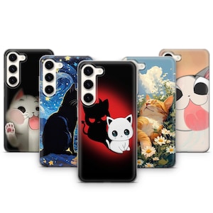 May include: Five different phone cases with cat designs. The cases are all black and have a variety of cat images, including a black cat with a starry background, a black cat with a red background, a white cat with a red background, a yellow cat with a green background, and a white cat with a pink background.