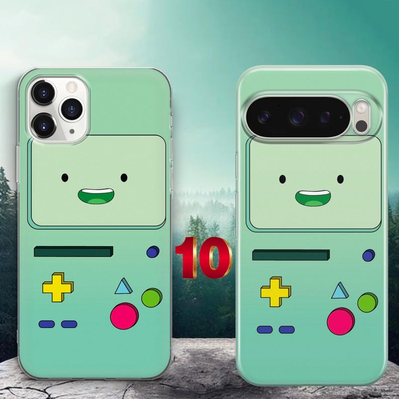 May include: Two light green smartphone cases featuring a cartoon character face with a rectangular screen, a yellow plus sign, a blue triangle, a green circle, a pink circle, and two blue horizontal buttons, arranged in a retro handheld game console style.