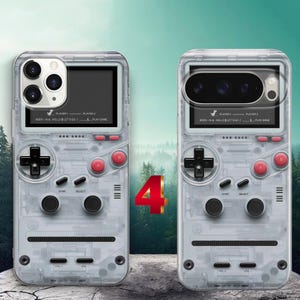 May include: Two clear phone cases featuring a retro handheld game console design. The cases display a black screen area with text reading PLAYER 1, PLAYER 2, and LET'S GO, alongside a black directional pad, red A and B buttons, and black control buttons.
