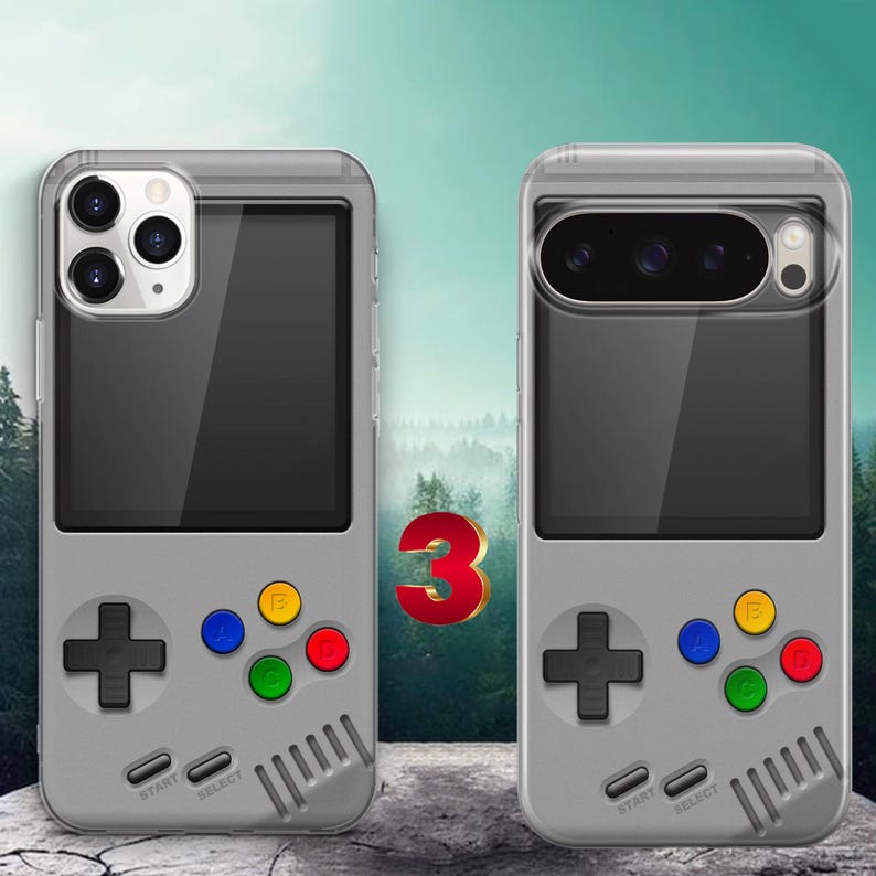 May include: Two grey smartphone cases designed to resemble a handheld video game console. Each case features a black screen area, a black directional pad, and four colored action buttons labeled A, B, C, and D, along with Start and Select buttons.