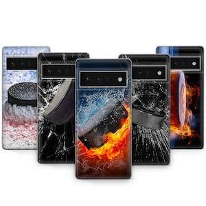 May include: Five different phone cases with hockey puck designs. The cases feature a cracked glass design, a fiery design, a water design, and a design with a hockey puck on ice.