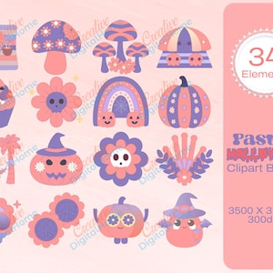 Pastel Halloween Clipart Bundle, Cute Spooky Fall PNG, Kawaii Witchy Skulls  Pumpkins, Whimsical Season, Girly Halloween, Pumpkin and Skull