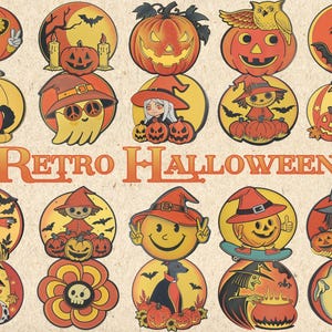 Pacchetto di clipart retrò di Halloween, grafica vintage di zucca e strega, disegni a sublimazione PNG, pacchetto di PNG vintage di Halloween, simpatica zucca retrò,