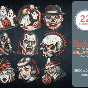 Vintage Halloween Horror Graphics: Zombie, Ghost, Skull PNG (Digital Download)