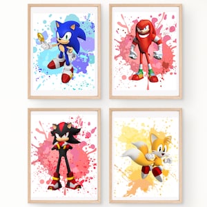ソニック、ナックルズ、テイルス、シャドウの水彩画ウォールアートプリント デジタルダウンロード