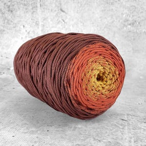 Può includere: Un gomitolo di filato con una combinazione di colori sfumati, che passa dal marrone scuro all'arancione e infine a un centro giallo dorato. Il filato sembra essere fatto di un materiale intrecciato o tessuto, adatto a vari progetti di artigianato.
