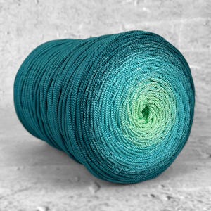 Puede incluir: Una gran madeja de hilo verde azulado y verde. El hilo pasa de un verde azulado intenso a un verde claro en el centro. El hilo está bien hilado y la textura es visible.