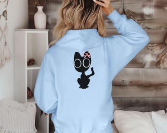Dameshoodie zwarte kat met roze strik, cadeau gezellige kattenliefhebber, trui schattig kitten, handgetekende grafische top met dierenprint, streetwear