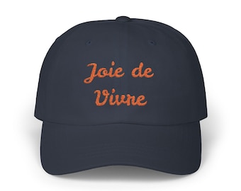 オレンジの刺繍入り Joie de Vivre クラシック ベースボール キャップ、フランス旅行用フランス語帽子、人生を楽しむ、ワンダーラスト ベースボール キャップ