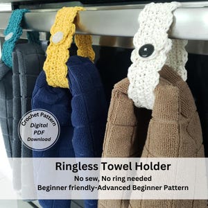 May include: Three crocheted towel holders in teal, yellow, and white hanging on a silver oven rack. The towel holders are crocheted with a scalloped edge and have a button closure. The text "Crochet Pattern Digital PDF Download" is visible in the image.