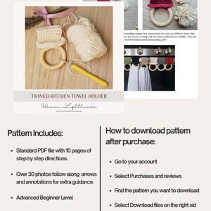May include: A crochet pattern for a kitchen towel holder. The pattern includes instructions, photos, and a list of materials. The pattern is for an advanced beginner level crocheter.