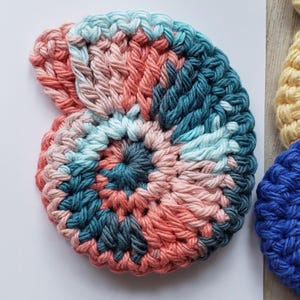 May include: A crocheted nautilus shell in shades of pink, teal, and blue. The shell is a spiral shape with a raised center.