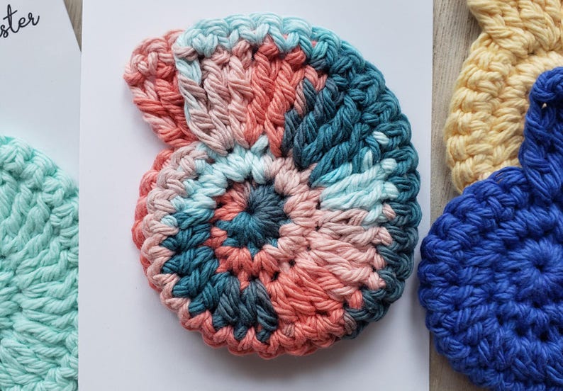 May include: A crocheted nautilus shell in shades of pink, teal, and blue. The shell is a spiral shape with a raised center.