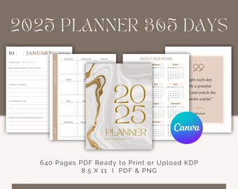 2025 Planner 365 Days | KDP Interior Editable | Yearly Planner Template | Printable KDP Interior | Monthly | Weekly | Daily Planner