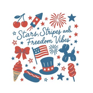 Stars Stipes and Freedom Vibes Png, 4th Of July Png, Girly American Png, USA png, America Coquette Png, Cute Doodles Patriotic Png