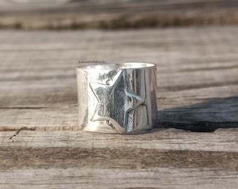 Handgemaakte sterlingzilveren brede sterring, boho dikke ring