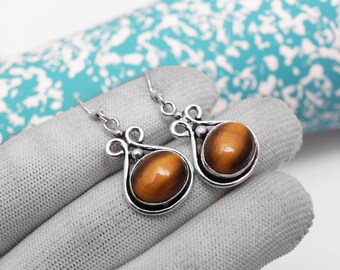 Handmade Tiger's Eye Dangle Earrings, Natural Stone Jewelry