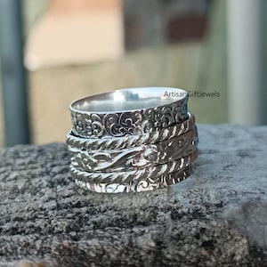 Anillo de plata esterlina maciza, anillo hecho a mano, anillo giratorio de flores, anillo de ansiedad, anillo antiestrés, anillo de preocupación, hermoso anillo giratorio, anillo de mujer