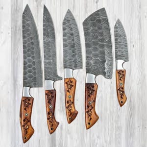 Handmade Damascus Chef Knife Set of 5pcs –Kitchen Knives with Leather Sheath & Walnut Handle  Wedding Gift, Gifts for Him, Gift for Chefs