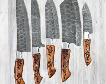 Handmade Damascus Chef Knife Set – Walnut Handle, Leather Sheath